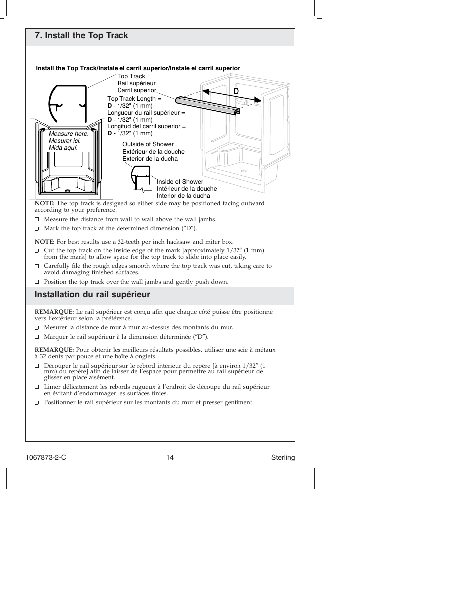 Install the top track, Installation du rail supérieur | Sterling Plumbing Bypass Shower Doors SP5400 Series User Manual | Page 14 / 36