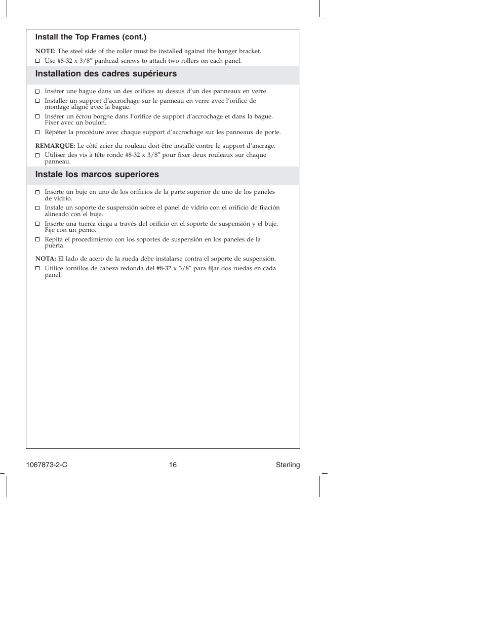 Installation des cadres supérieurs, Instale los marcos superiores | Sterling Plumbing Bypass Shower Doors SP5400 Series User Manual | Page 16 / 36