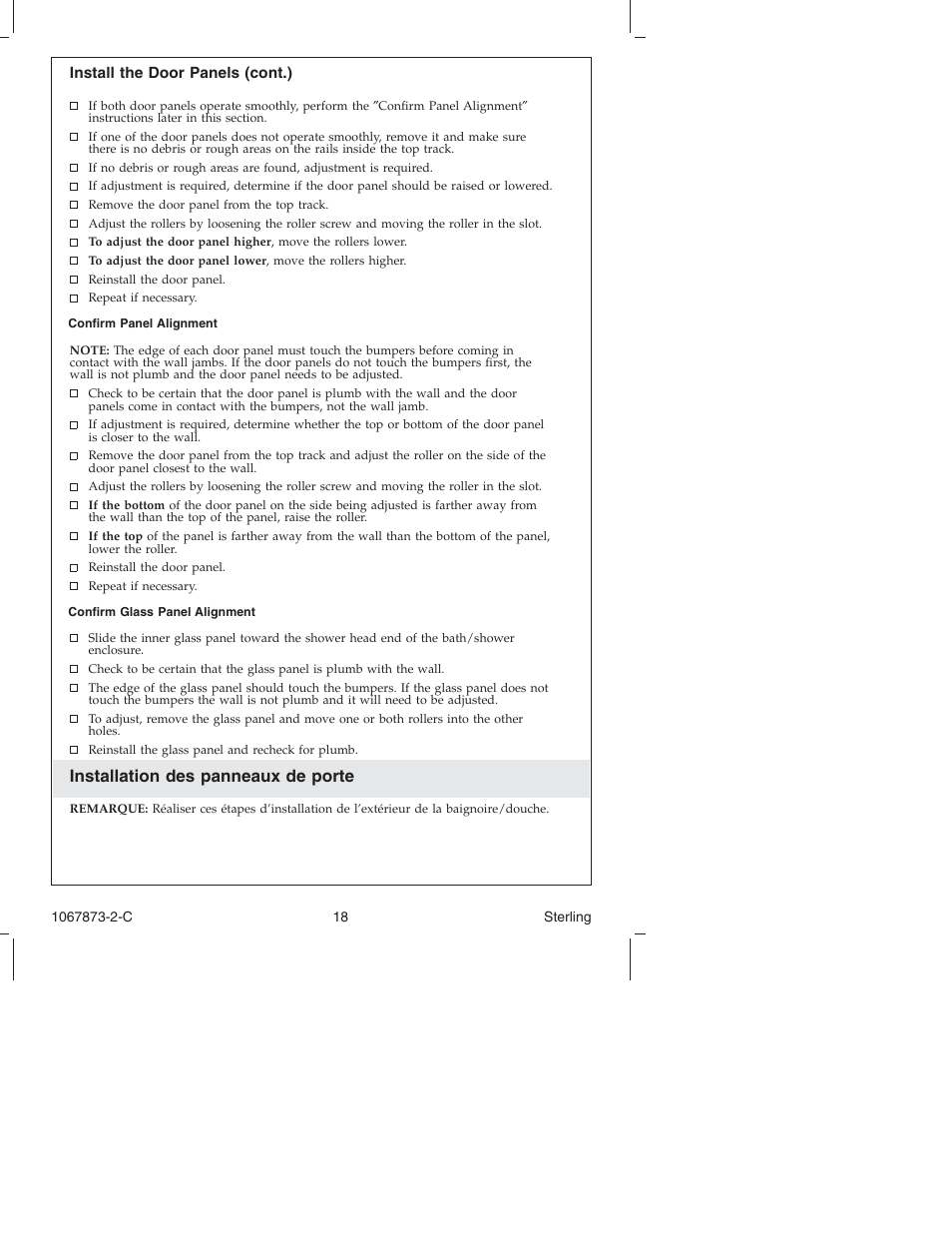 Installation des panneaux de porte | Sterling Plumbing Bypass Shower Doors SP5400 Series User Manual | Page 18 / 36