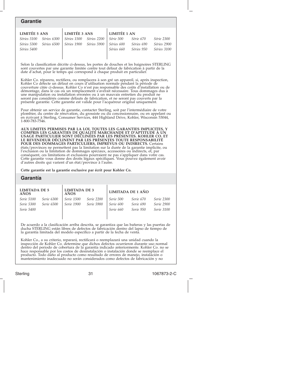 Garantie, Garantía | Sterling Plumbing Bypass Shower Doors SP5400 Series User Manual | Page 31 / 36