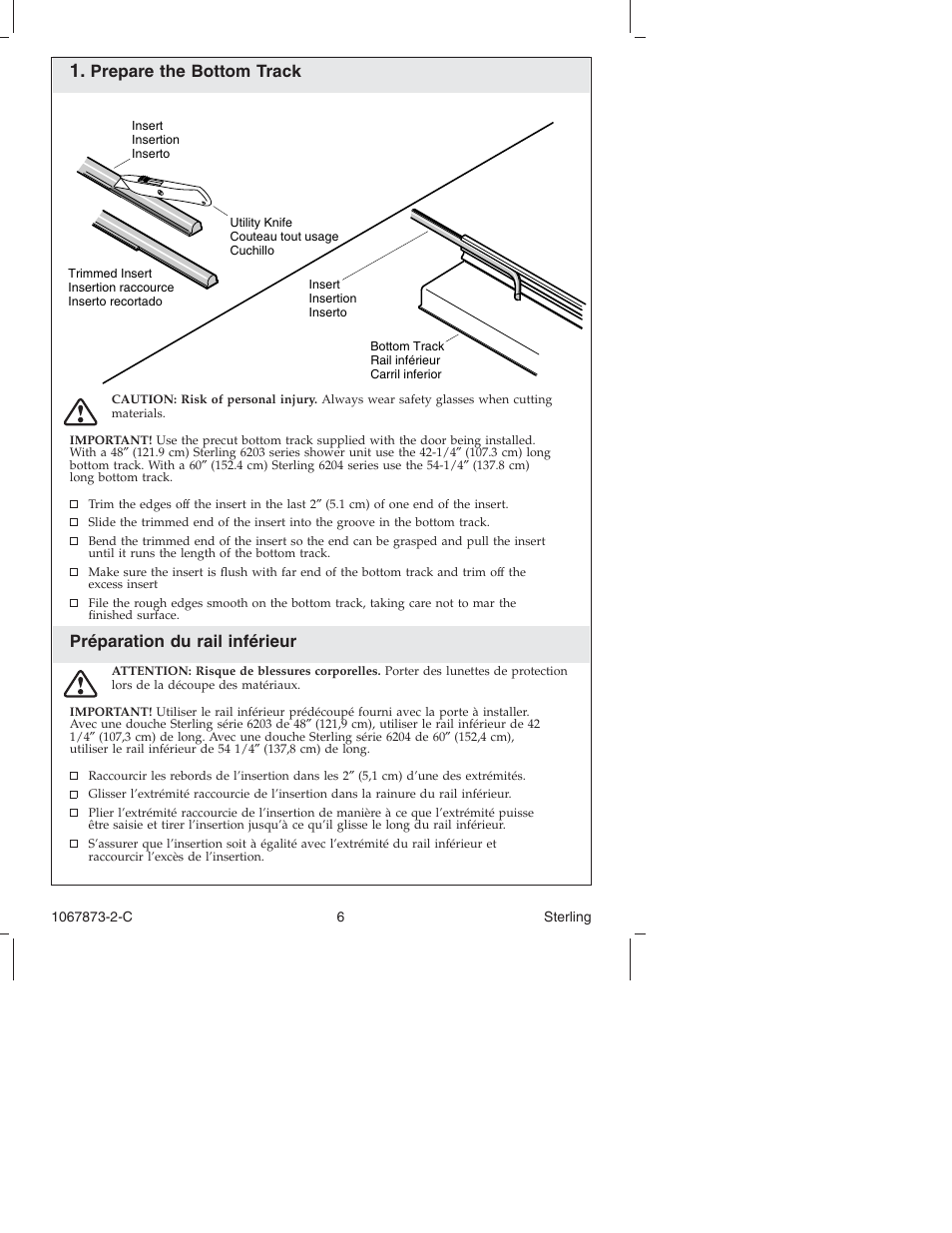 Prepare the bottom track, Préparation du rail inférieur | Sterling Plumbing Bypass Shower Doors SP5400 Series User Manual | Page 6 / 36