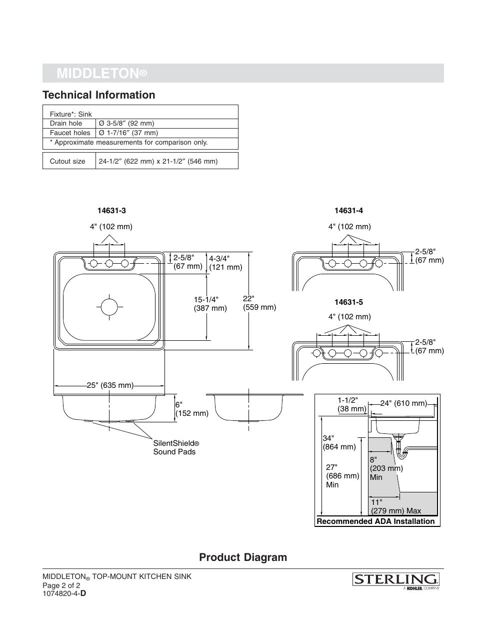 Middleton, Technical information, Product diagram | Sterling Plumbing 14631 User Manual | Page 2 / 2