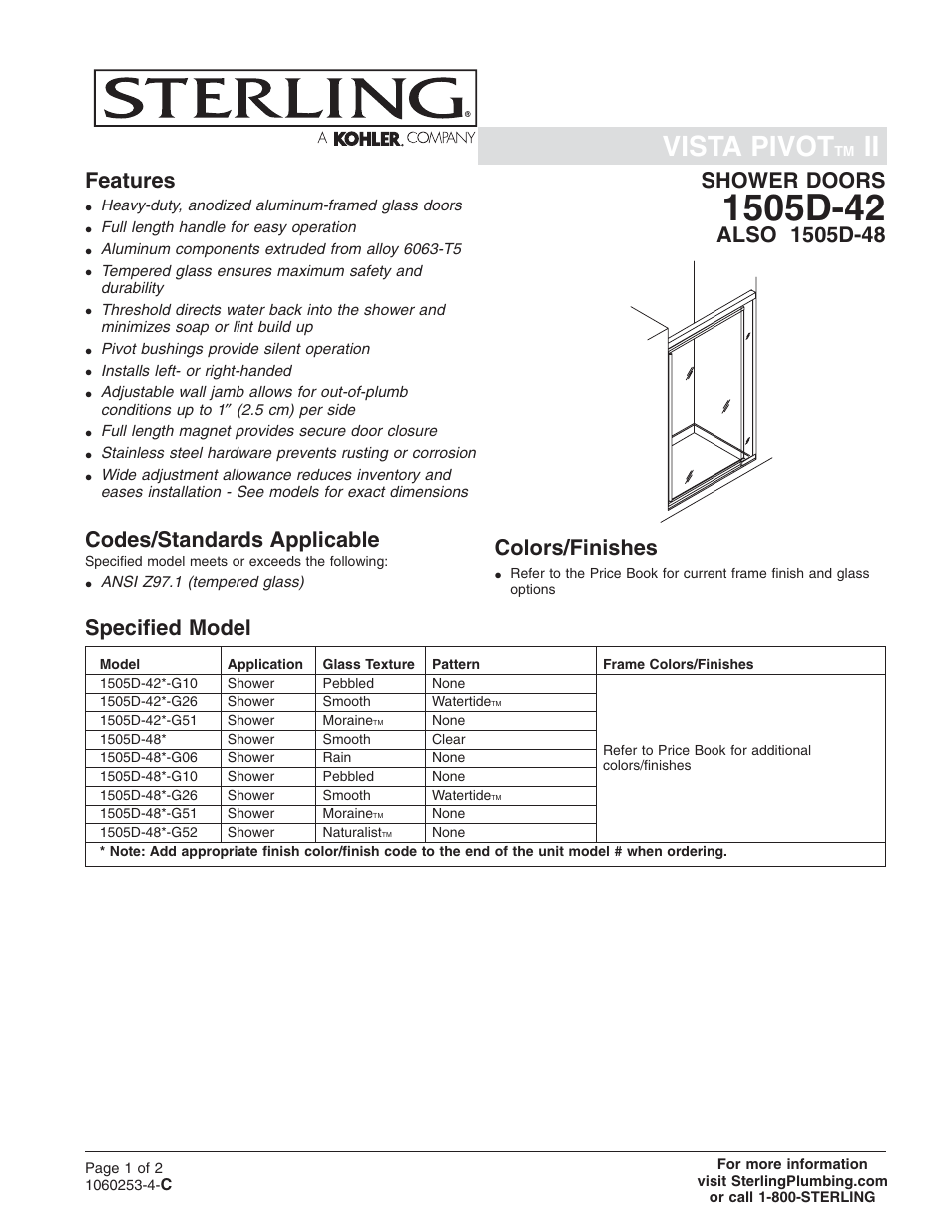 Sterling Plumbing Designer Pivot Shower Doors 1505D-42 User Manual | 2 pages