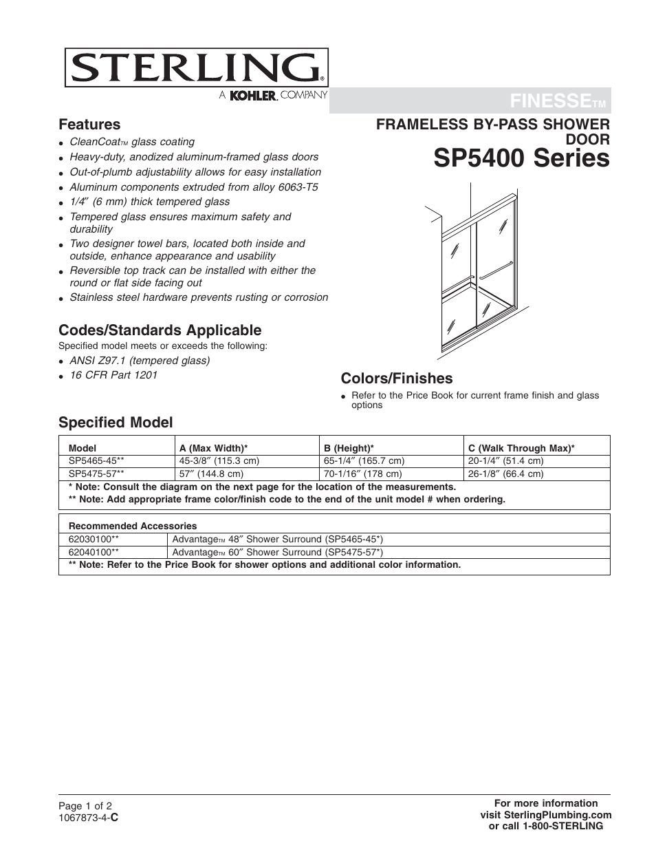 Sterling Plumbing Frameless Bypass Shower Door SP5465-45 User Manual | 2 pages