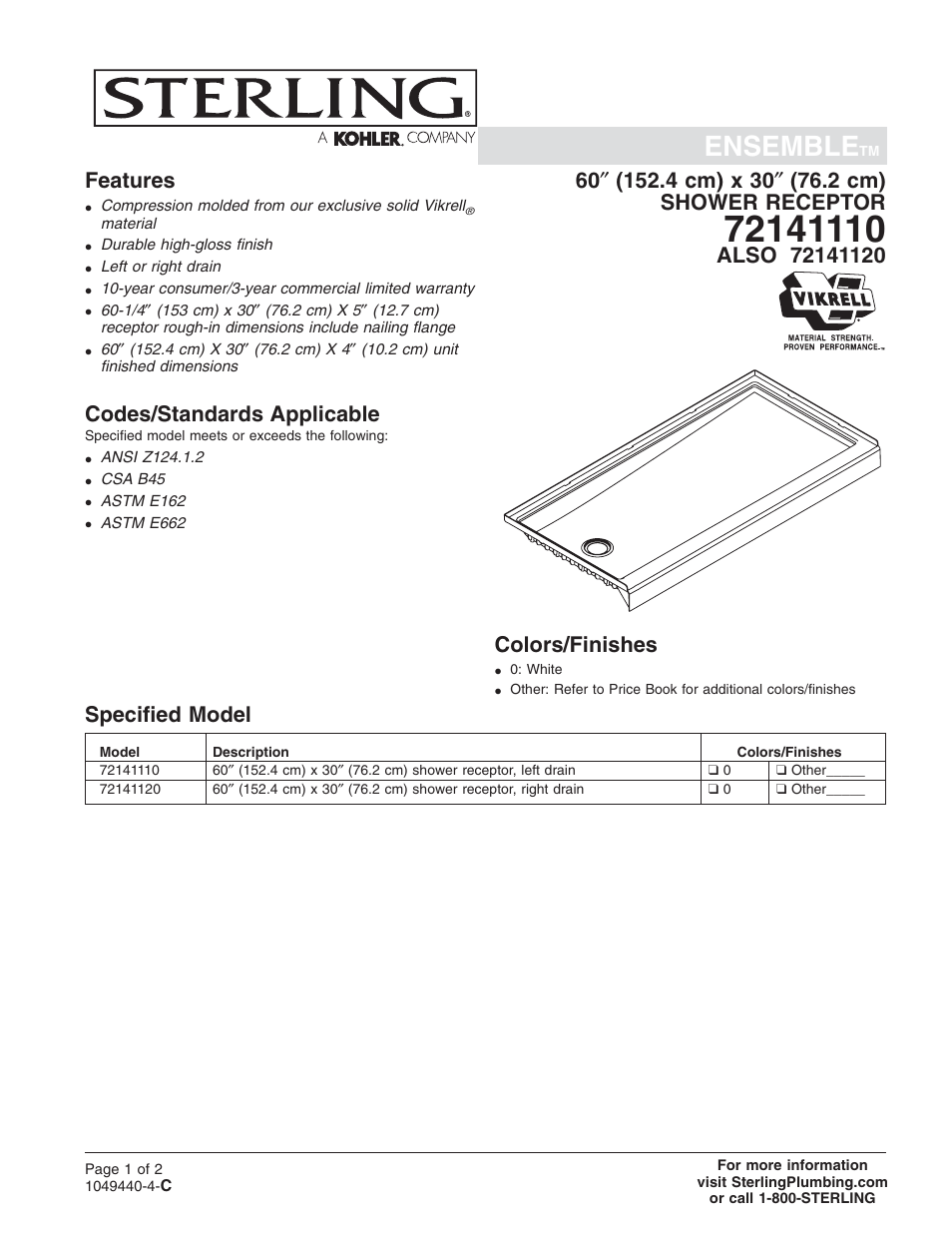 Sterling Plumbing Shower Receptor 72141110 User Manual | 2 pages