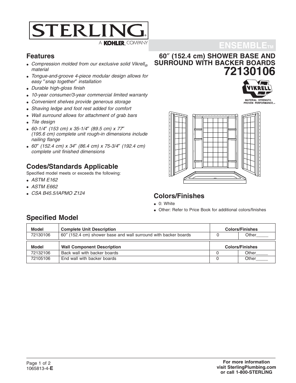 Sterling Plumbing Shower Receptor and Wall Surround with Backer Boards 72130106 User Manual | 2 pages