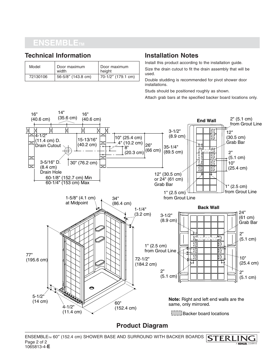 Ensemble, Technical information, Product diagram | Sterling Plumbing Shower Receptor and Wall Surround with Backer Boards 72130106 User Manual | Page 2 / 2