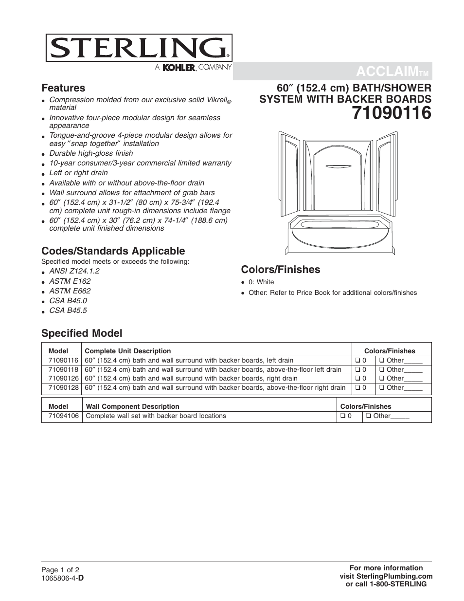 Sterling Plumbing Bath/Shower System with Backer Boards 71090116 User Manual | 2 pages
