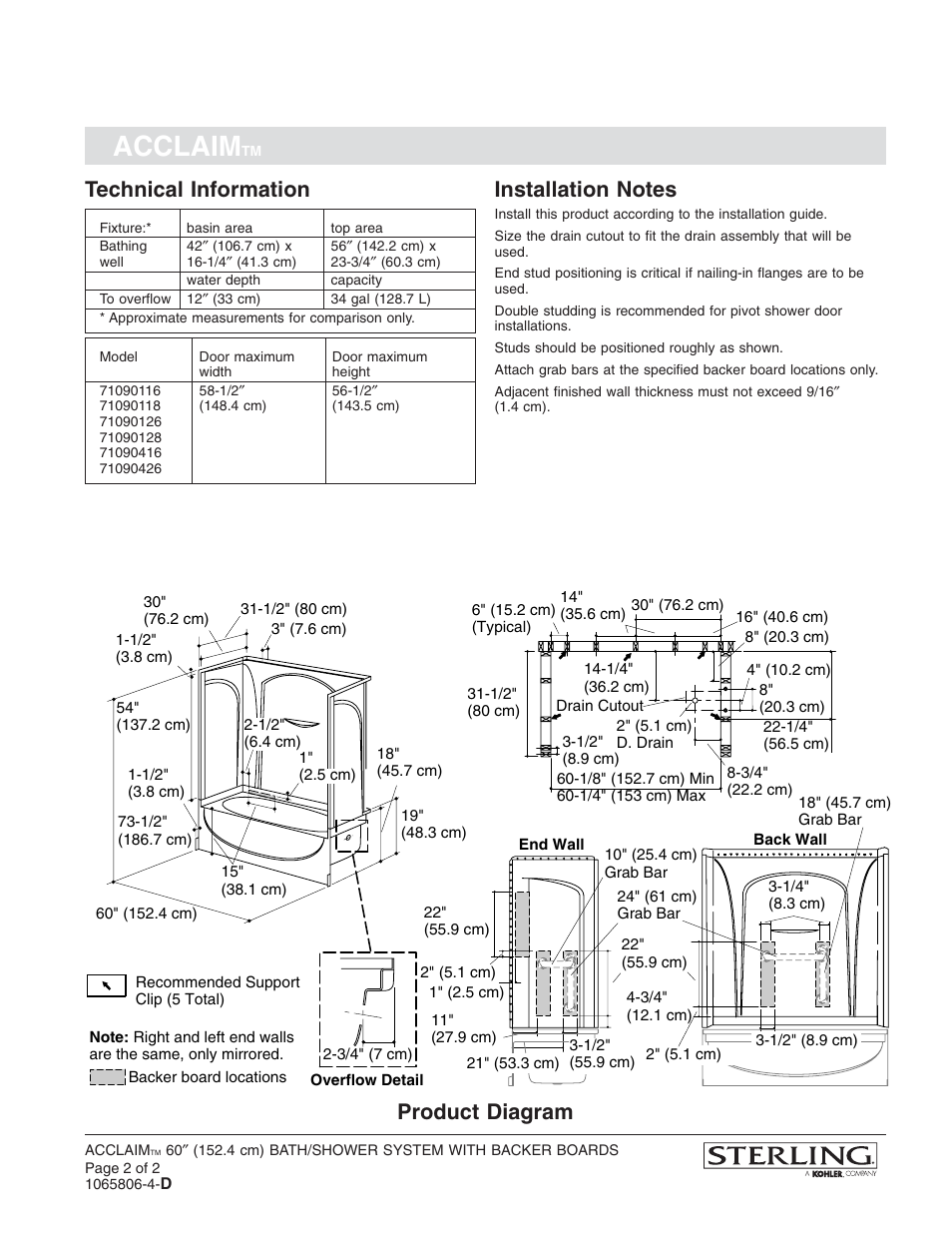 Acclaim, Technical information, Product diagram | Sterling Plumbing Bath/Shower System with Backer Boards 71090116 User Manual | Page 2 / 2