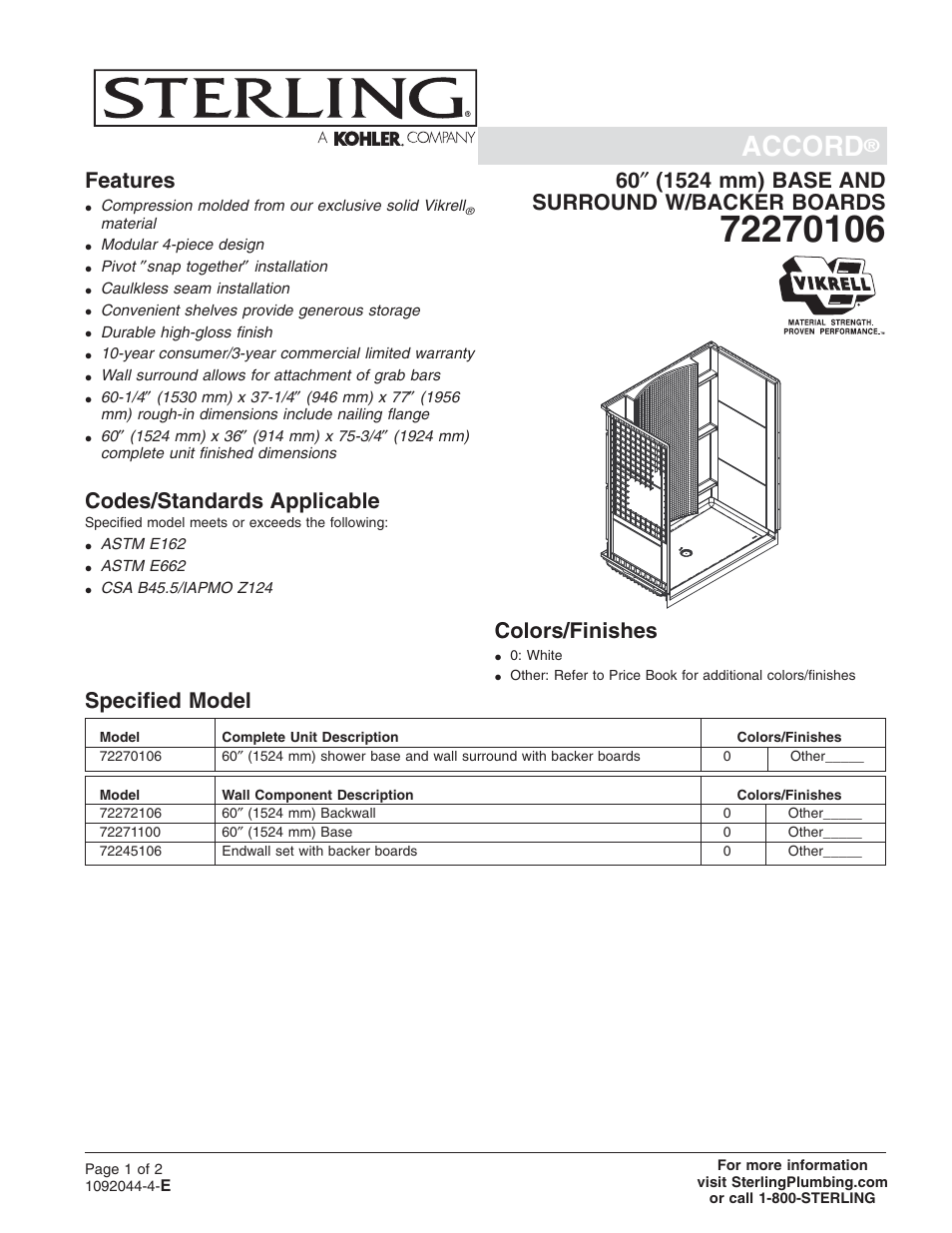 Sterling Plumbing 72270106 User Manual | 2 pages