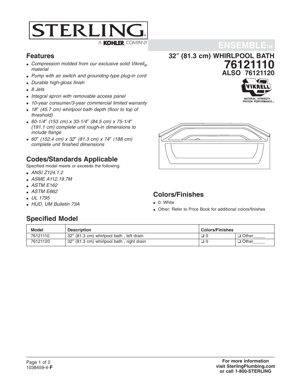 Sterling Plumbing ENSEMBLE 76121120 User Manual | 2 pages