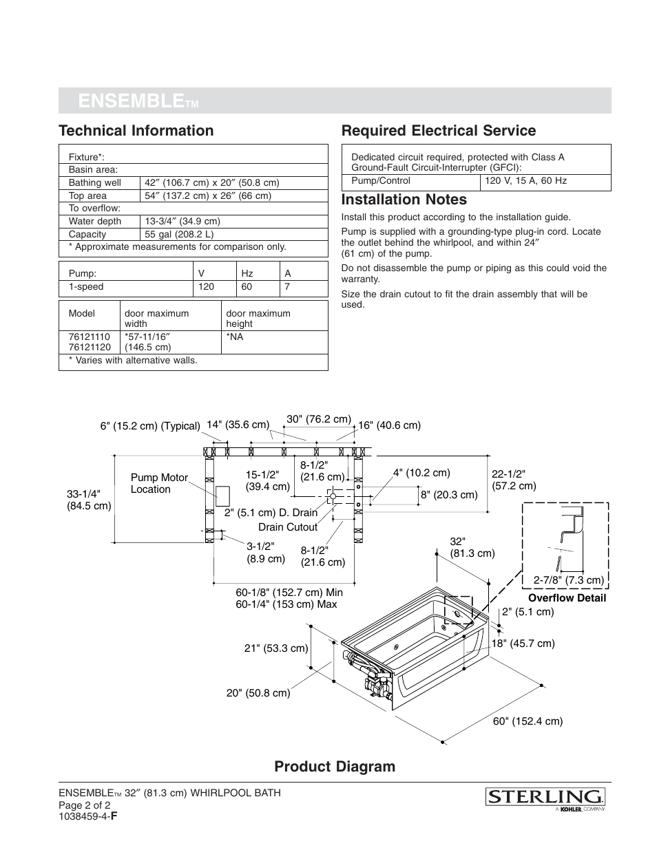 Ensemble, Technical information, Required electrical service | Product diagram | Sterling Plumbing ENSEMBLE 76121120 User Manual | Page 2 / 2