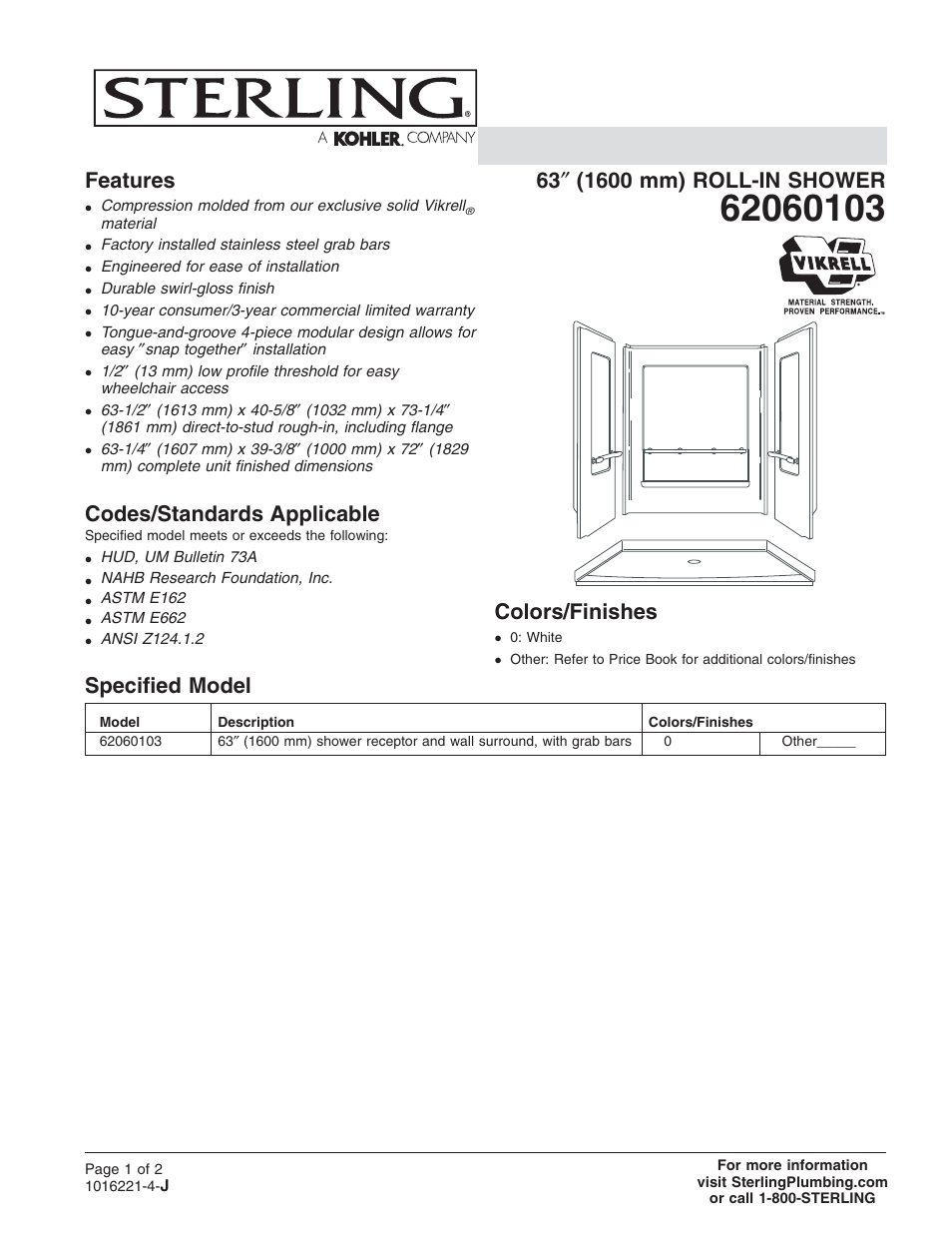 Sterling Plumbing Roll-In Shower 62060103 User Manual | 2 pages