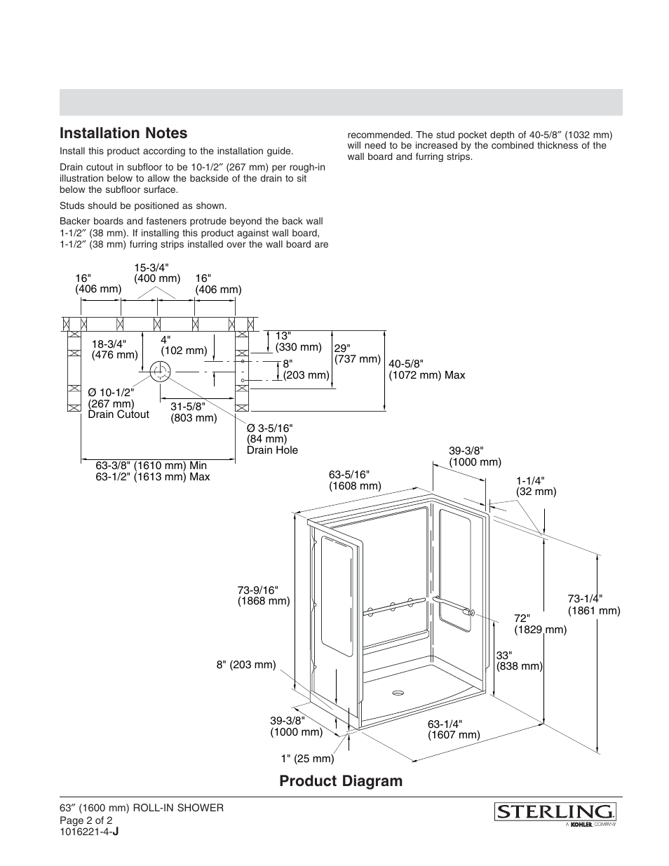 Product diagram | Sterling Plumbing Roll-In Shower 62060103 User Manual | Page 2 / 2