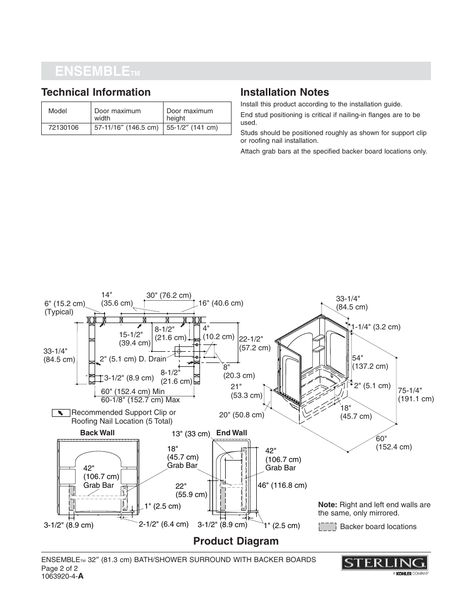 Ensemble, Technical information, Product diagram | Sterling Plumbing 71224106 User Manual | Page 2 / 2