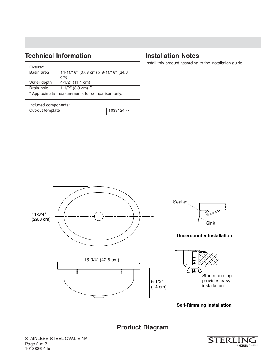 Technical information, Product diagram | Sterling Plumbing S1201-0 User Manual | Page 2 / 2