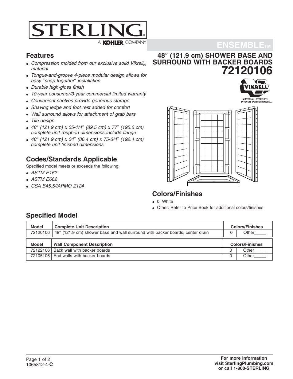 Sterling Plumbing Shower System with Backer Boards 72120106 User Manual | 2 pages