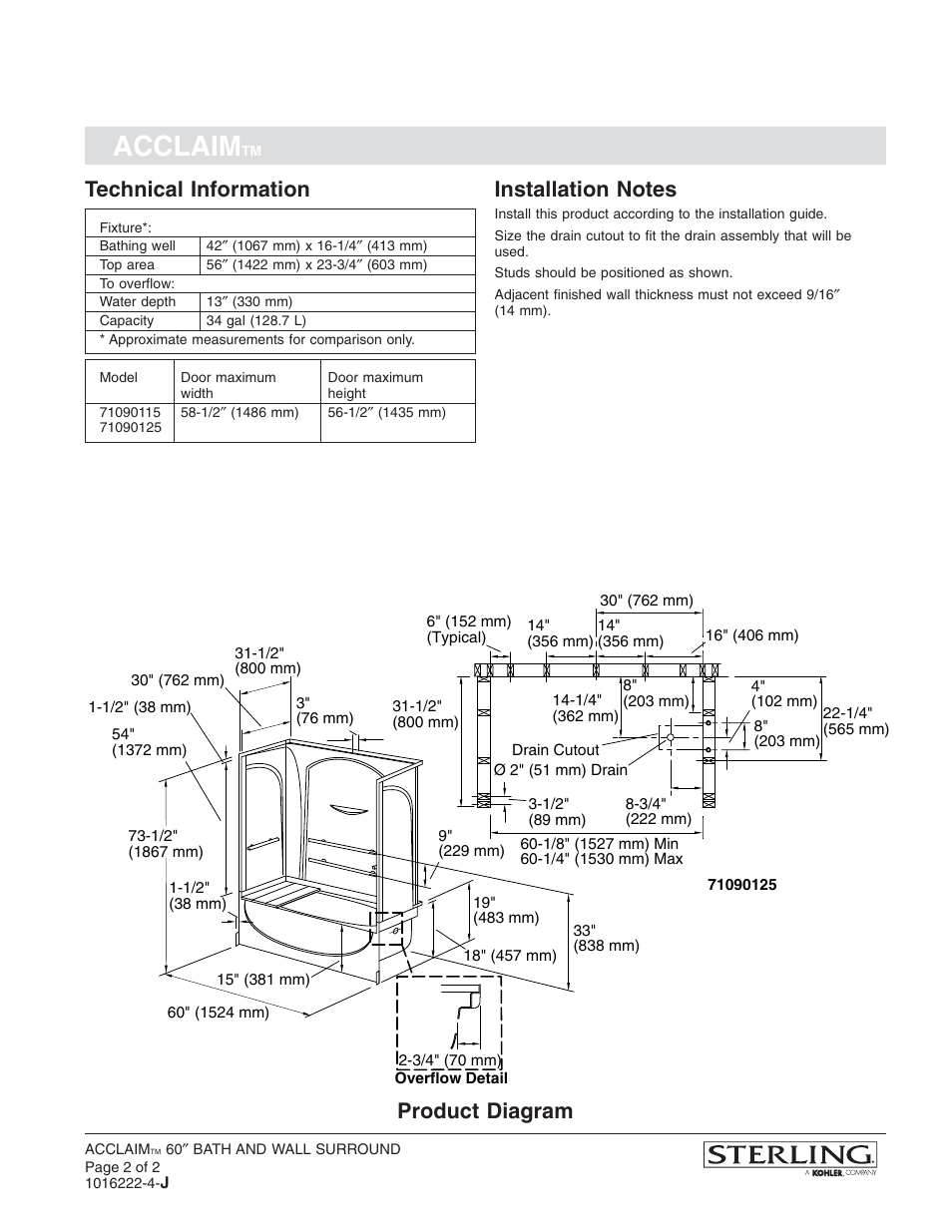 Acclaim, Technical information, Product diagram | Sterling Plumbing 71090115 User Manual | Page 2 / 2