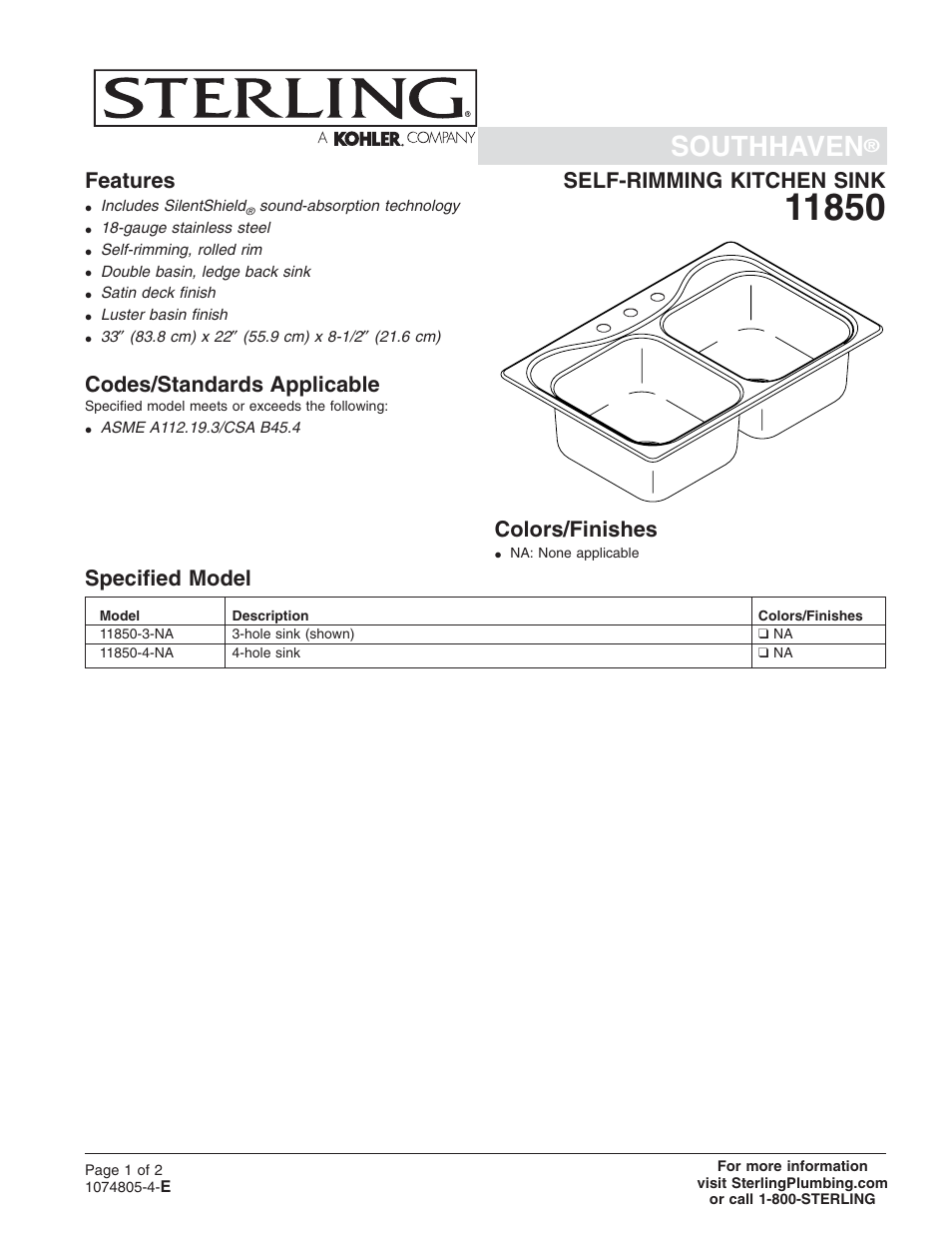 Sterling Plumbing 11850 User Manual | 2 pages