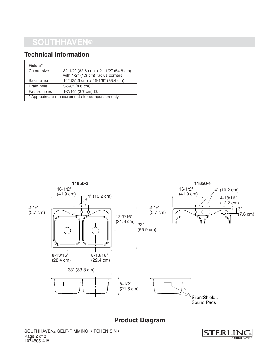 Southhaven, Technical information, Product diagram | Sterling Plumbing 11850 User Manual | Page 2 / 2