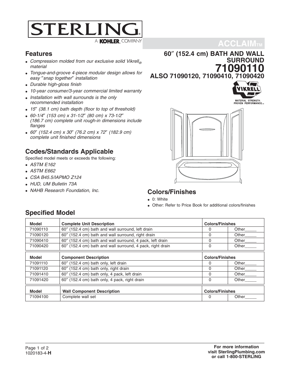 Sterling Plumbing Bath/Shower System 71090110 User Manual | 2 pages