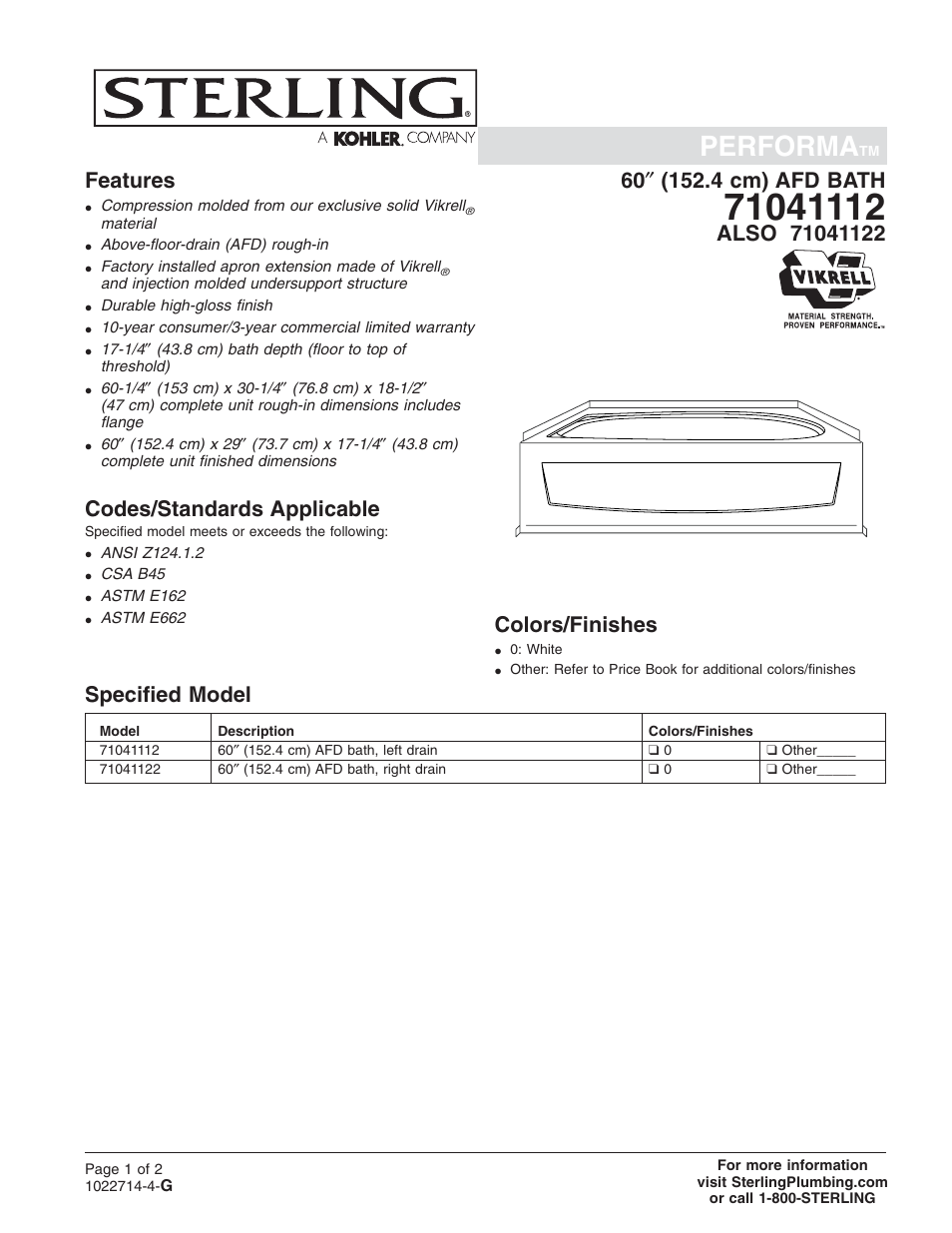 Sterling Plumbing AFD Bath 71041112 User Manual | 2 pages