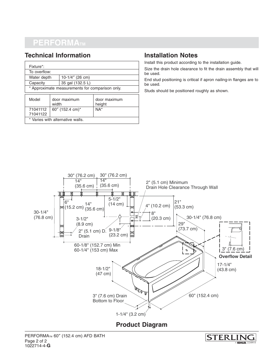 Performa, Technical information, Product diagram | Sterling Plumbing AFD Bath 71041112 User Manual | Page 2 / 2