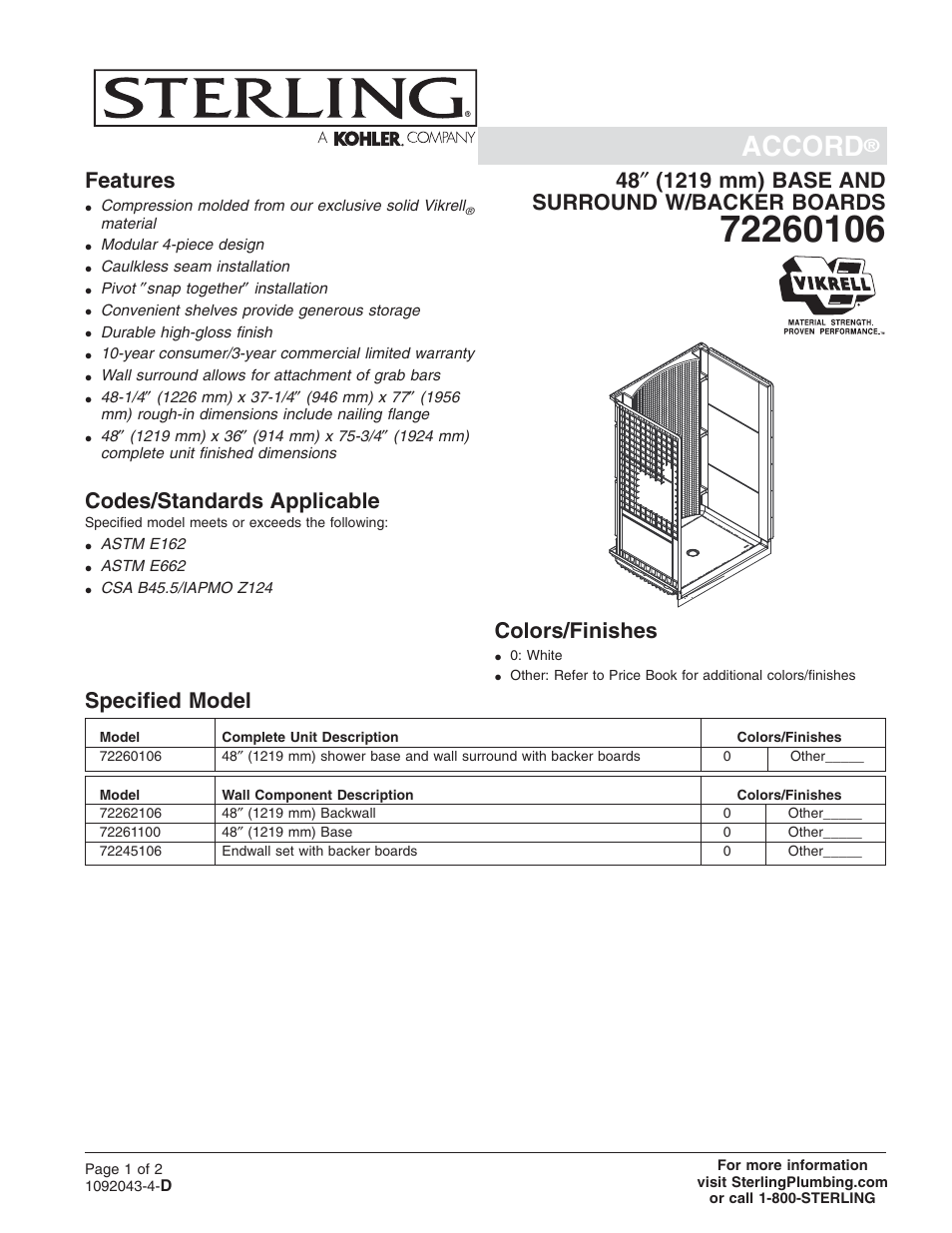 Sterling Plumbing Accord 72260106 User Manual | 2 pages