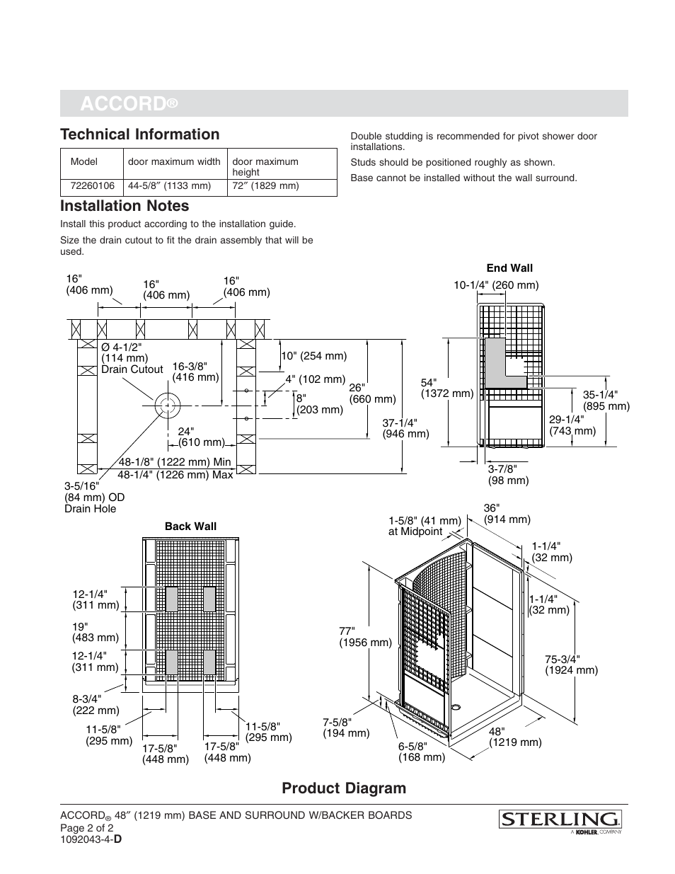 Accord, Technical information, Product diagram | Sterling Plumbing Accord 72260106 User Manual | Page 2 / 2