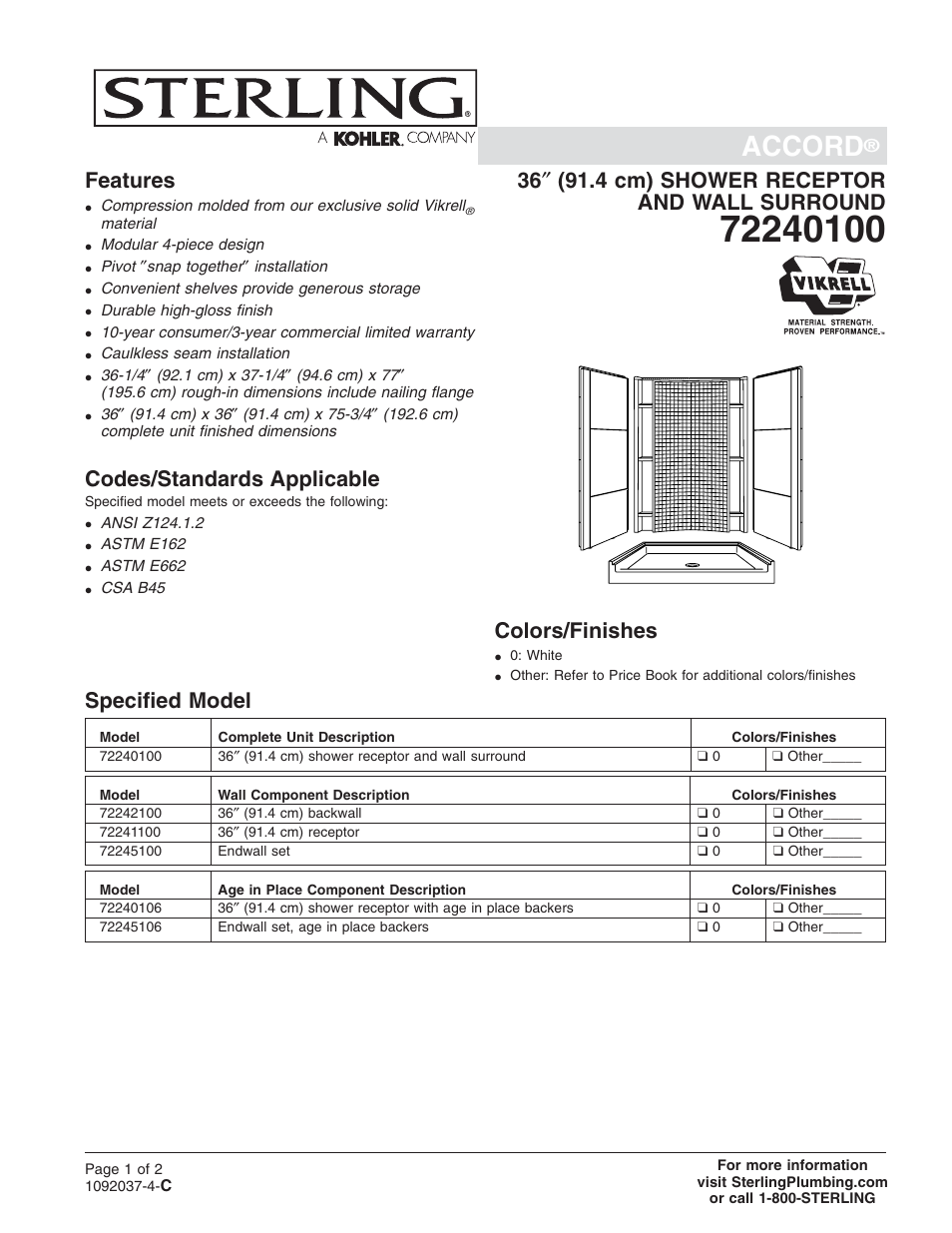 Sterling Plumbing Shower Receptor and Wall Surround 72240100 User Manual | 2 pages