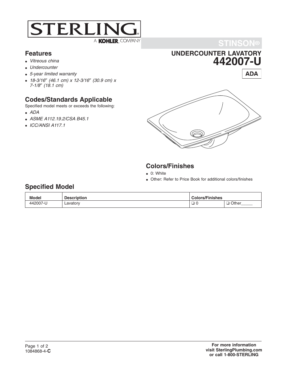 Sterling Plumbing Undercounter Lavatory 442007-U User Manual | 2 pages