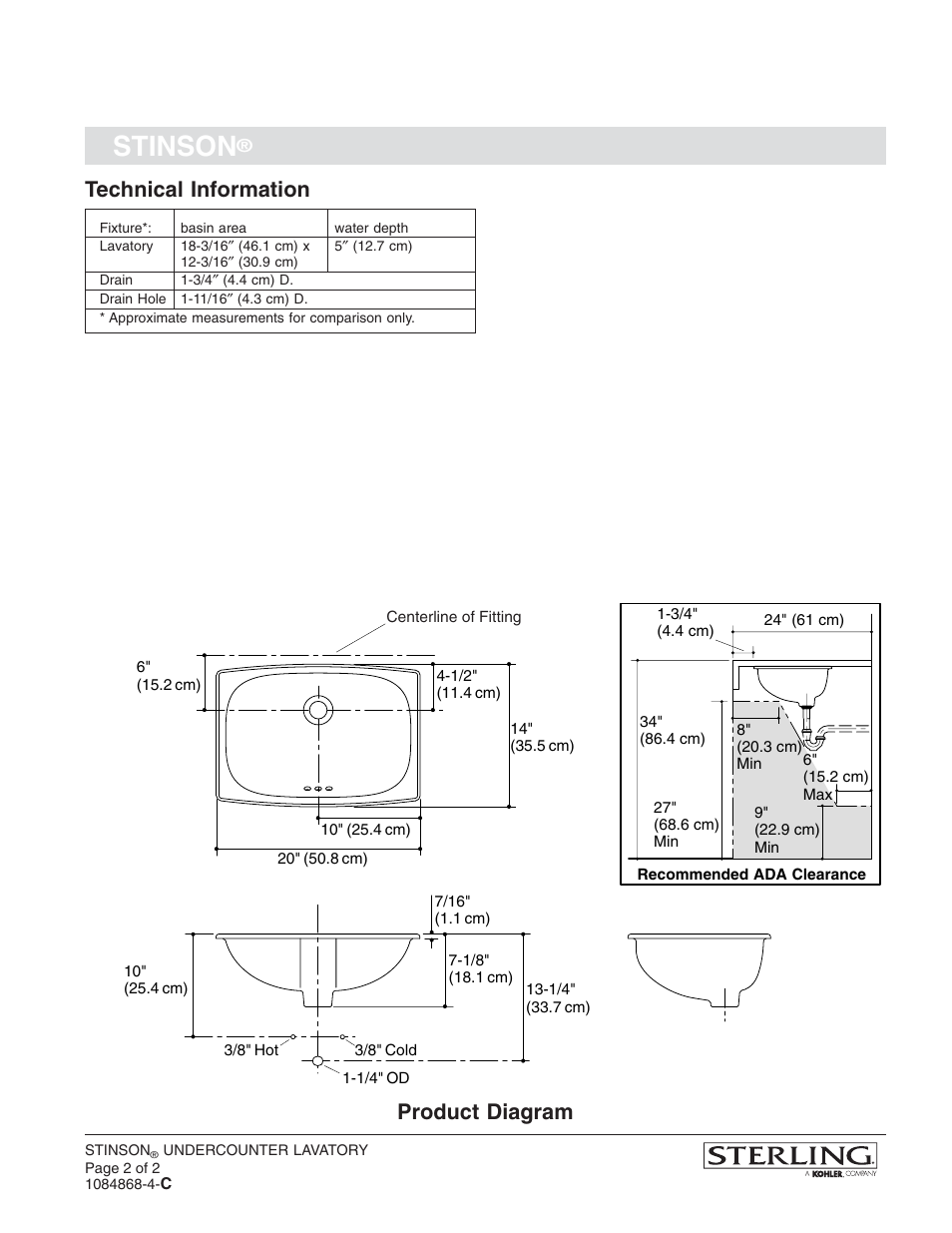 Stinson, Technical information, Product diagram | Sterling Plumbing Undercounter Lavatory 442007-U User Manual | Page 2 / 2