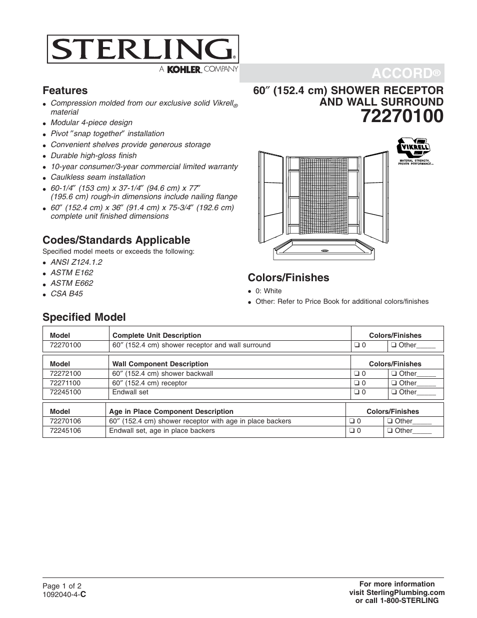 Sterling Plumbing Shower Receptor and Wall Surround 72270100 User Manual | 2 pages