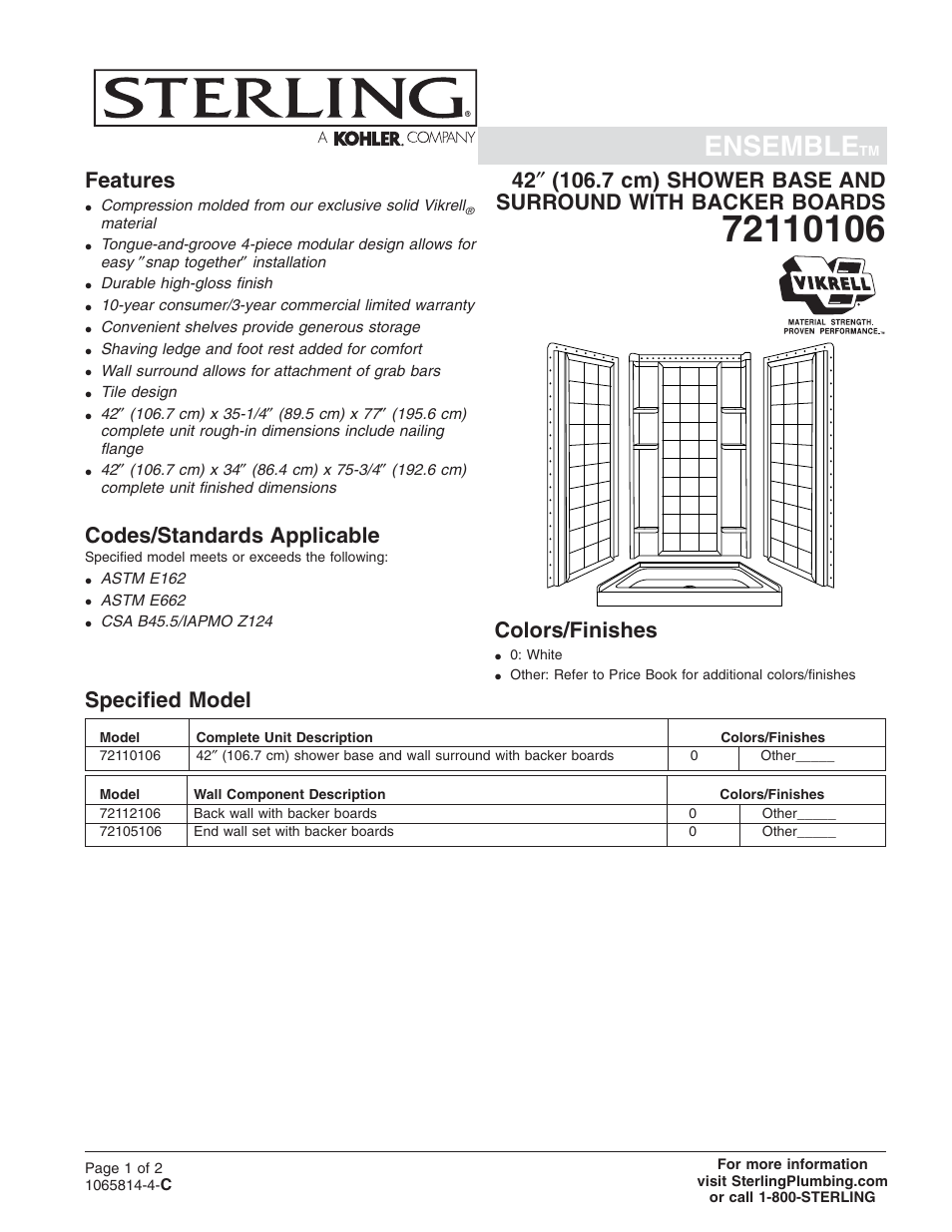 Sterling Plumbing Shower Receptor and Wall Surround with Backer Boards 72110106 User Manual | 2 pages