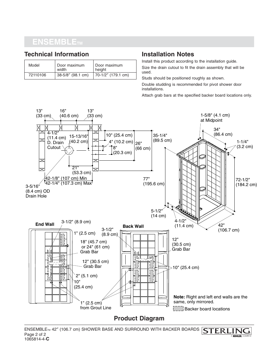 Ensemble, Technical information, Product diagram | Sterling Plumbing Shower Receptor and Wall Surround with Backer Boards 72110106 User Manual | Page 2 / 2