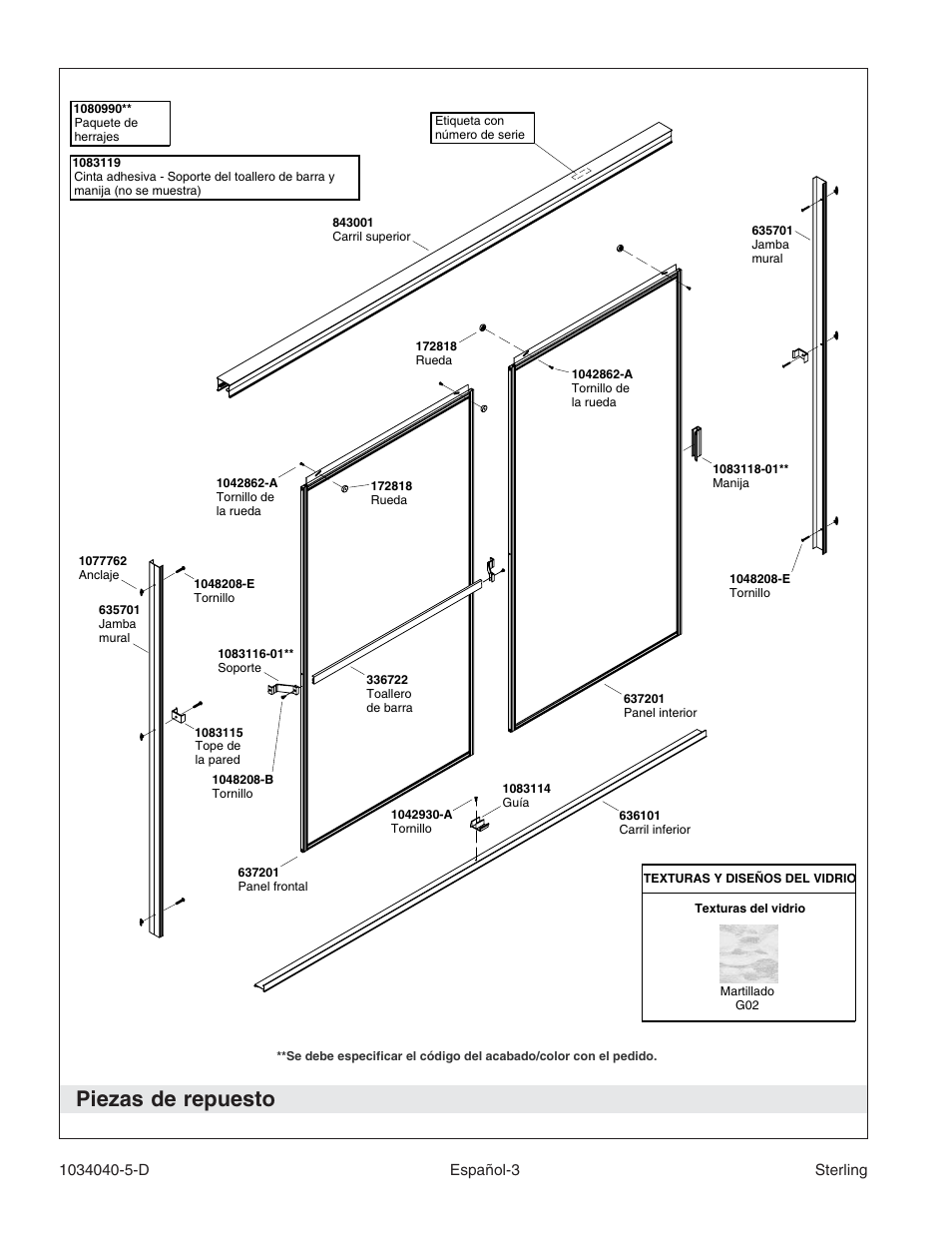 Piezas de repuesto | Sterling Plumbing Bypass Shower Doors 600C Series User Manual | Page 10 / 12