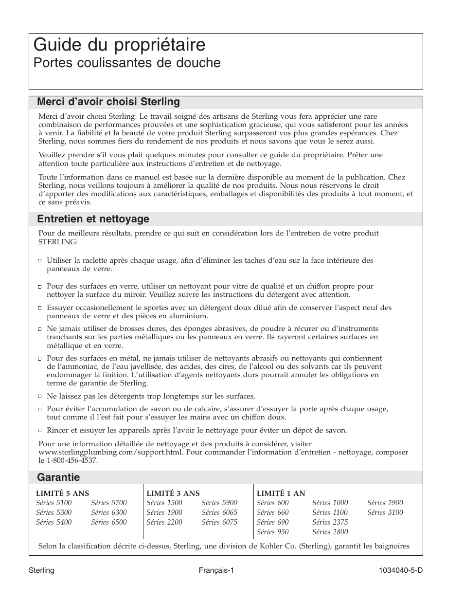 Guide du propriétaire, Portes coulissantes de douche, Merci d’avoir choisi sterling | Entretien et nettoyage, Garantie | Sterling Plumbing Bypass Shower Doors 600C Series User Manual | Page 5 / 12