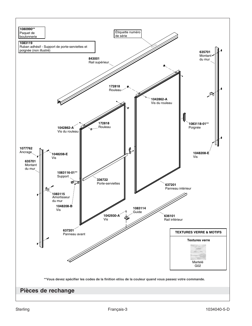 Pièces de rechange | Sterling Plumbing Bypass Shower Doors 600C Series User Manual | Page 7 / 12