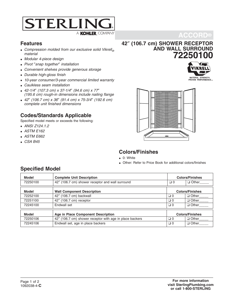 Sterling Plumbing Shower Receptor and Wall Surround 72250100 User Manual | 2 pages