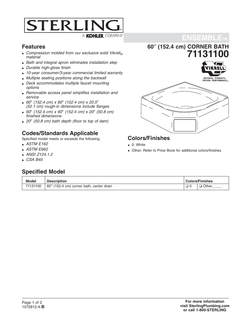 Sterling Plumbing Corner Bath 71131100 User Manual | 2 pages