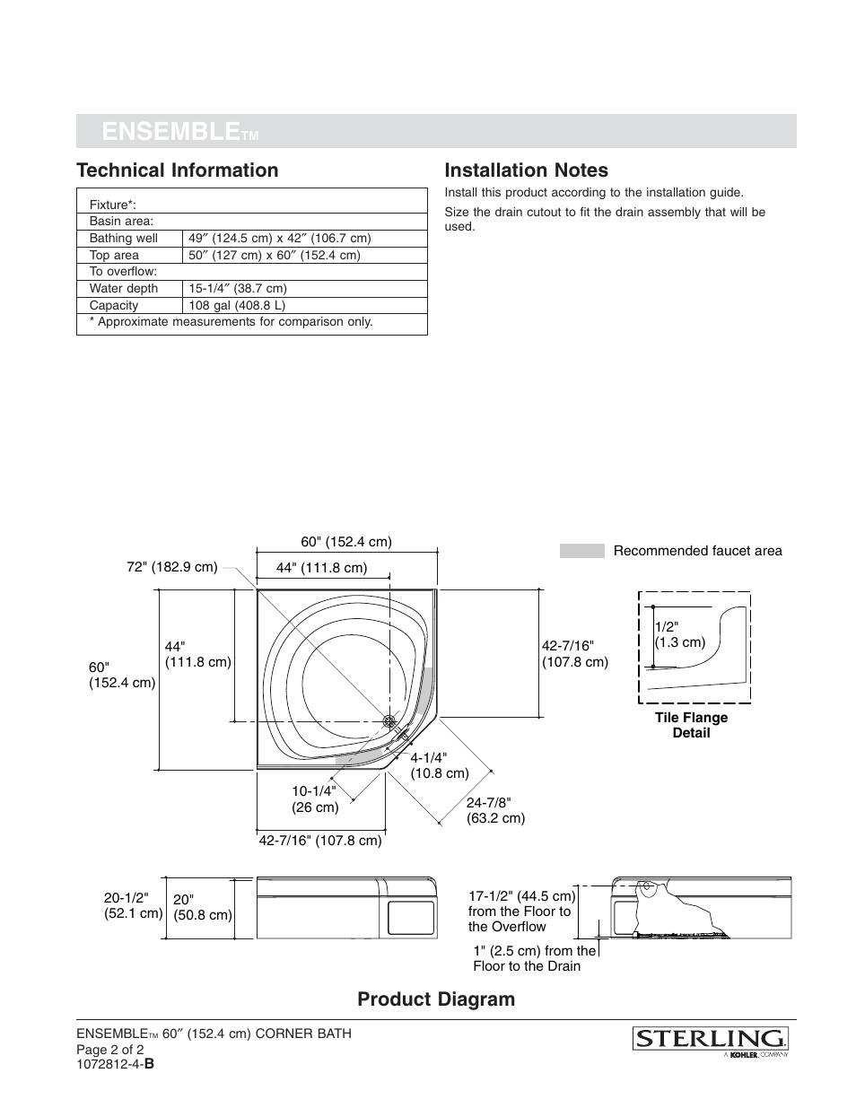 Ensemble, Technical information, Product diagram | Sterling Plumbing Corner Bath 71131100 User Manual | Page 2 / 2