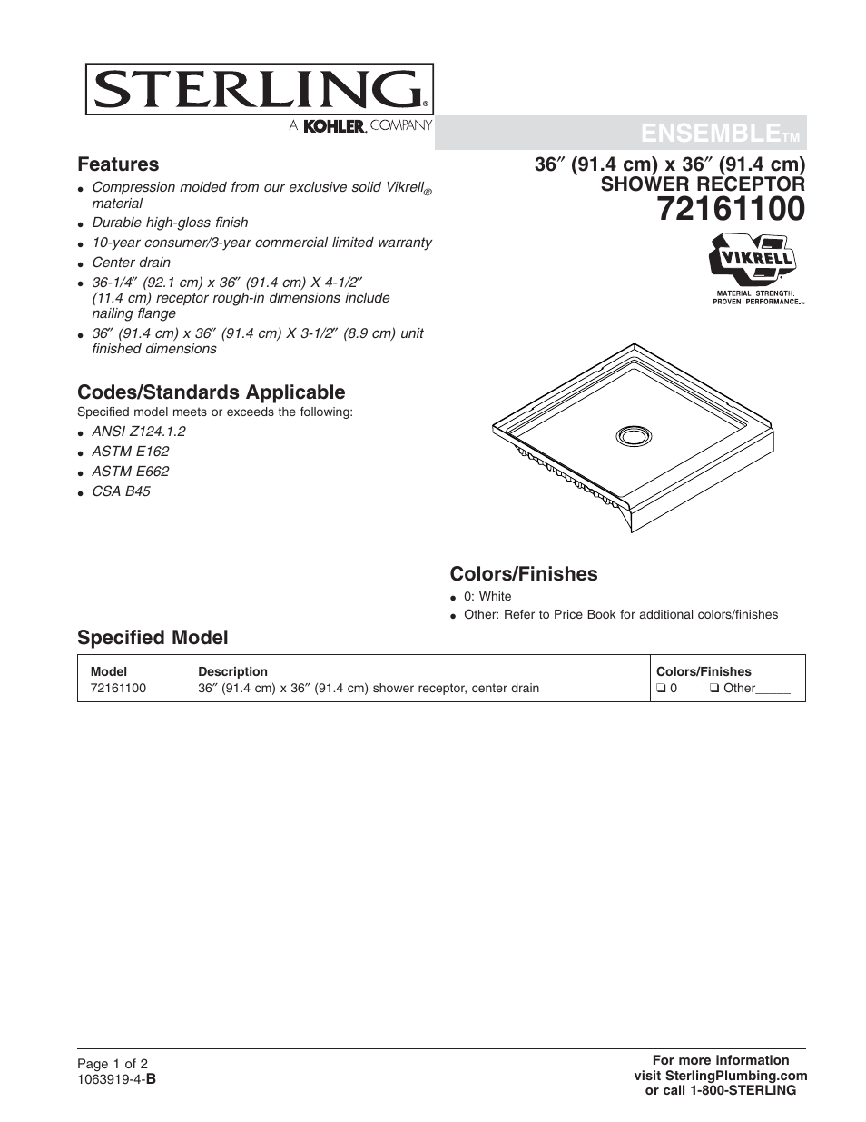 Sterling Plumbing Shower Receptor 72161100 User Manual | 2 pages