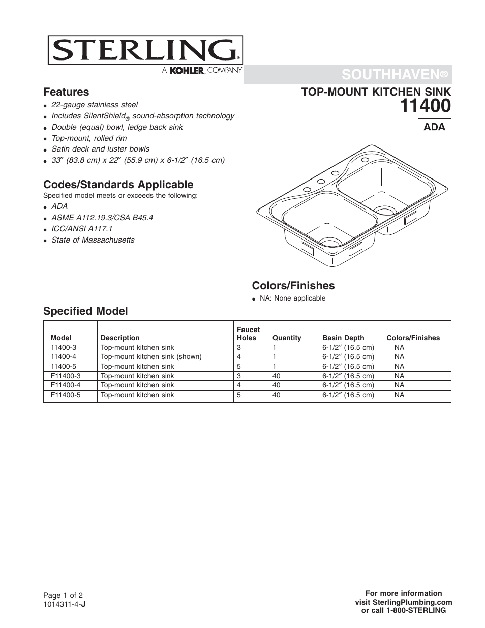 Sterling Plumbing 11400 User Manual | 2 pages