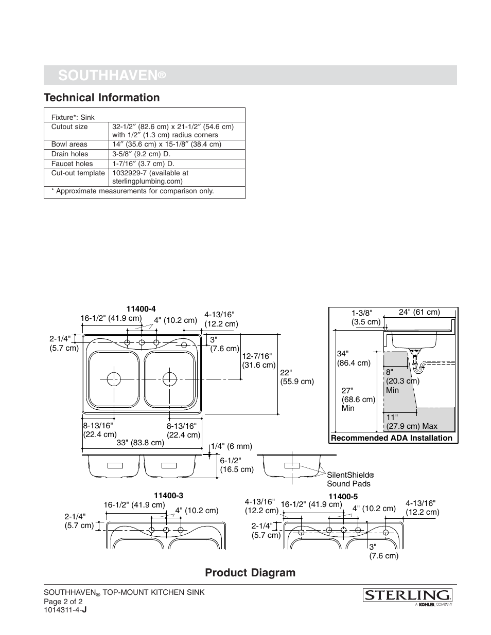 Southhaven, Technical information, Product diagram | Sterling Plumbing 11400 User Manual | Page 2 / 2