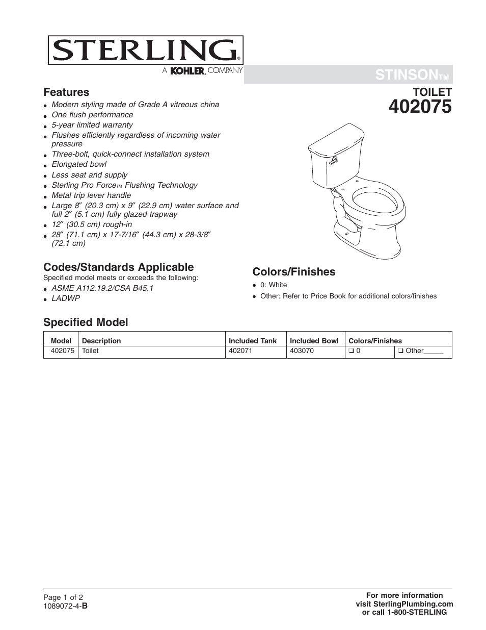 Sterling Plumbing Toilet 402075 User Manual | 2 pages