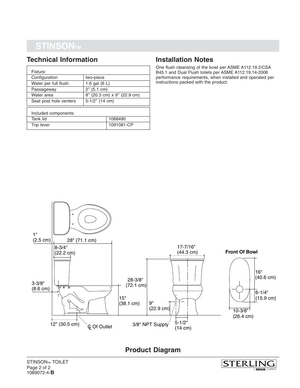 Stinson, Technical information, Product diagram | Sterling Plumbing Toilet 402075 User Manual | Page 2 / 2