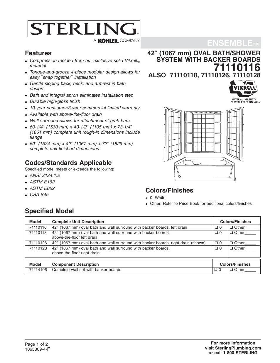 Sterling Plumbing Oval Bath/Shower System with Backer Boards 71110116 User Manual | 2 pages