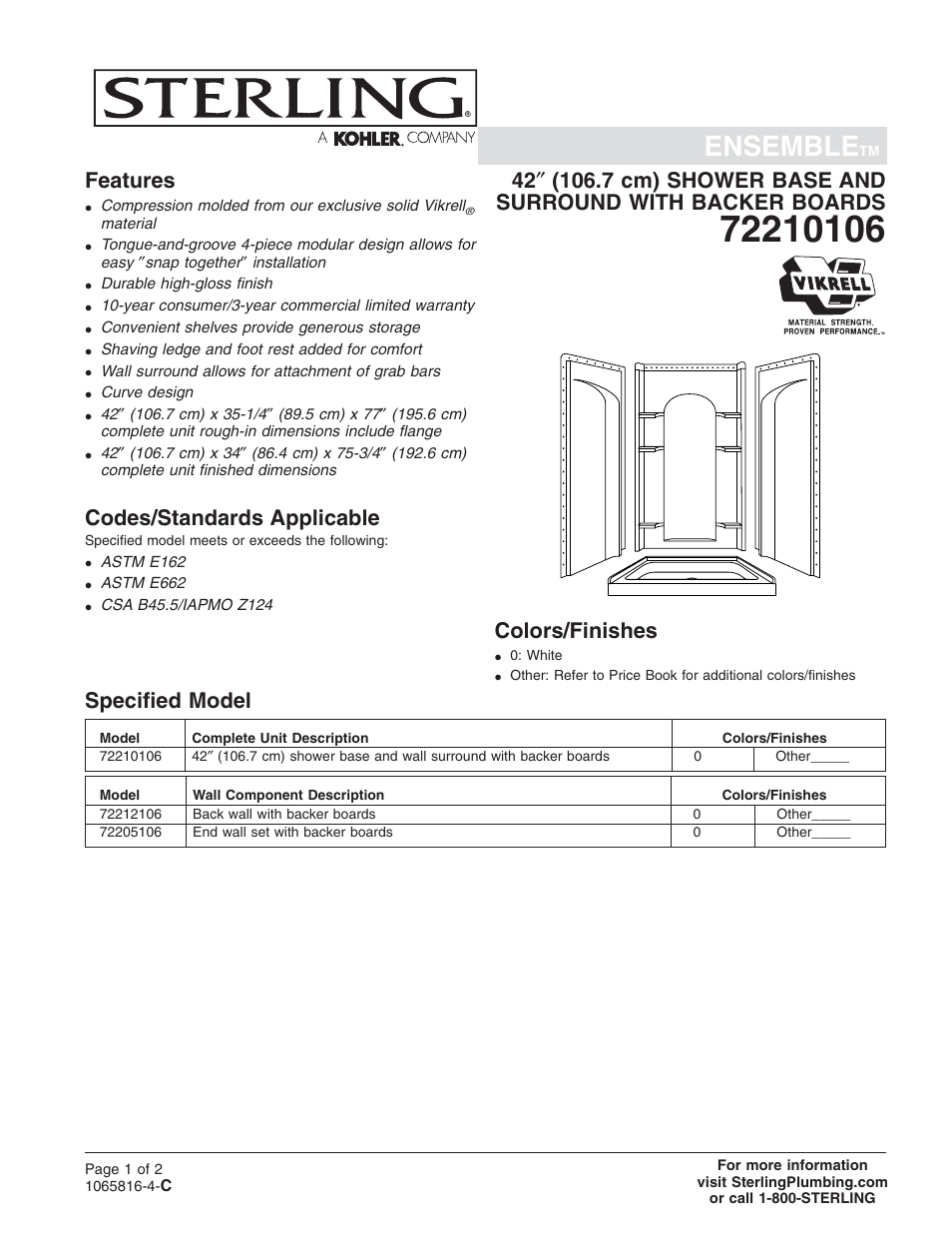 Sterling Plumbing Shower Receptor and Wall Surround with Backer Boards 72210106 User Manual | 2 pages