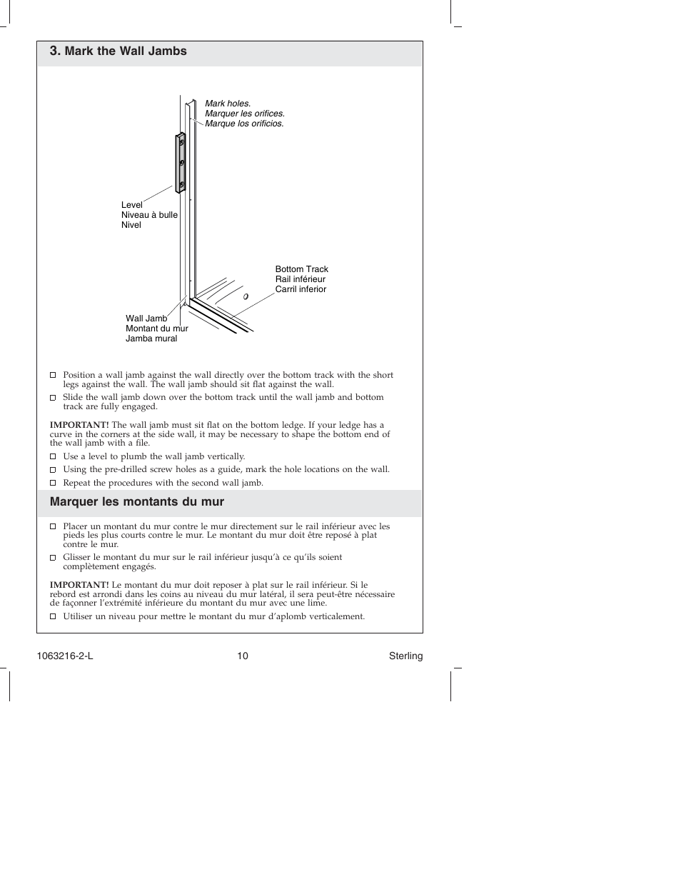 Mark the wall jambs, Marquer les montants du mur | Sterling Plumbing Bypass Shower Doors 5400 Series User Manual | Page 10 / 44