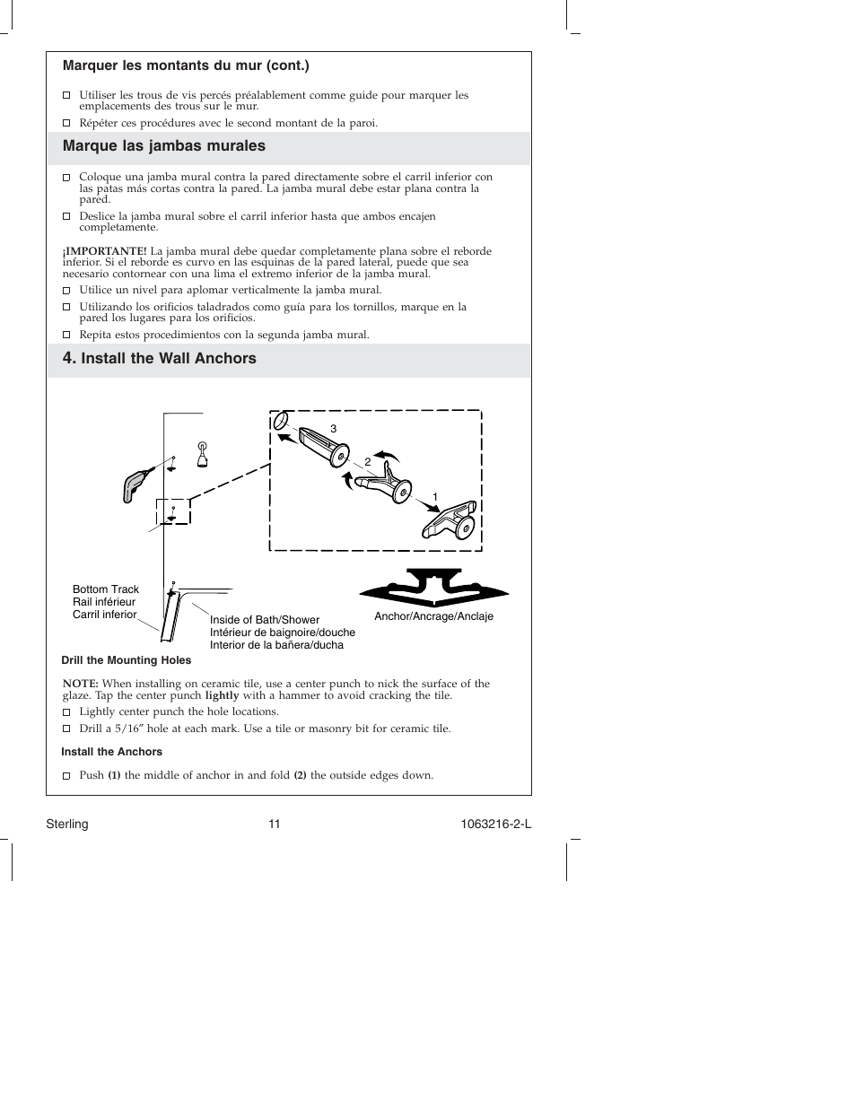 Marque las jambas murales, Install the wall anchors | Sterling Plumbing Bypass Shower Doors 5400 Series User Manual | Page 11 / 44